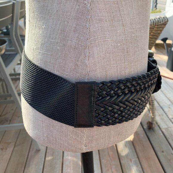 Black Braided Faux Leather Elastic Back Wide Statement Cinch Belt - Picture 5 of 10